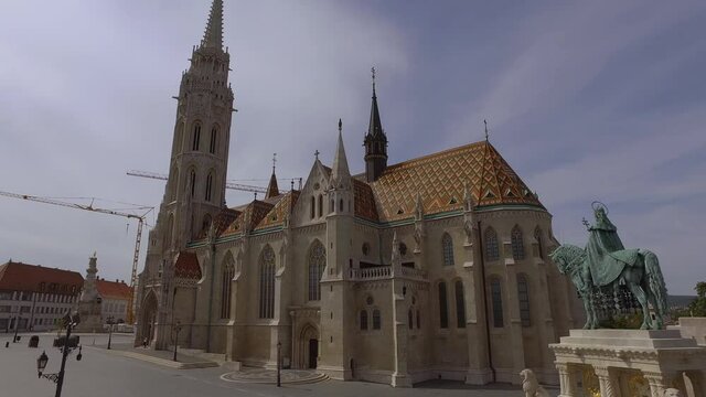 Matthias Church (Church of the Assumption of the Buda Castle) in Budapest Hungary, Europe during pandemic Covid-19. 4k Hand held