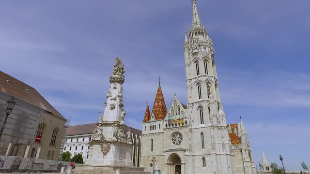 Matthias Church (Church of the Assumption of the Buda Castle) in Budapest Hungary, Europe during pandemic Covid-19. 4k Hand held