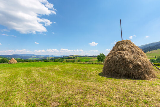weathered hay stack on the field. idyllic coutryside scenery on a sunny day. wonderful  rural landscape of carpathian mountains