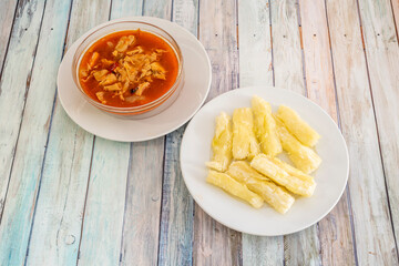 Typical Dominican dish of mondongo with yucca