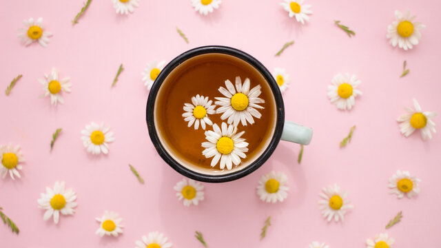 Cup Of Herbal Chamomile Tea With Camomile Flowers On Pink Background Of Composition Flowers And Petals.Flat Layer,top View.Alternative,complementary,traditional Medicine.Immunity Health Prevention