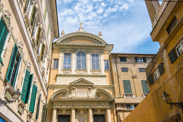 Fototapeta premium Genoa, Italy - August 20, 2019: University Library or Biblioteca Universitaria in Genova, former church of Saints Gerolamo and Francesco Saveriothe