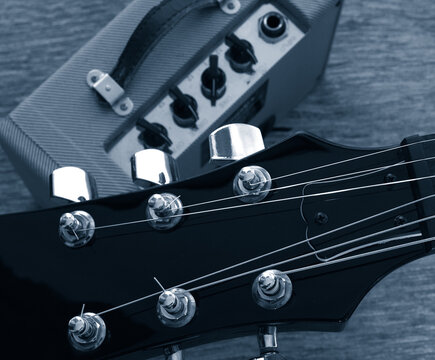 electric guitar head close up detail monochrome image