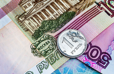 Ruble coin and paper money close-up. Finance concept