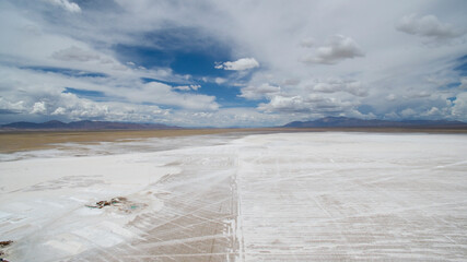 Industrial. Aerial view of the natural salt flat in Jujuy, Salinas Grandes, its texture and salt mine pools.