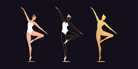 Golden ballerina woman in outline style. Set of silhouette, Ballet dancer