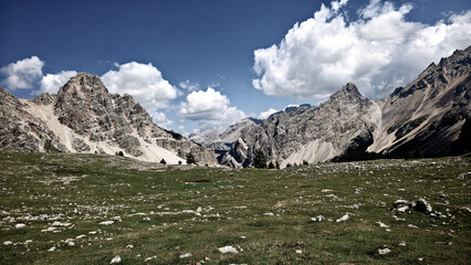 Trentino Alto - Adige, Italy - 06/15/2020: cenic alpine place with magical Dolomites mountains in...