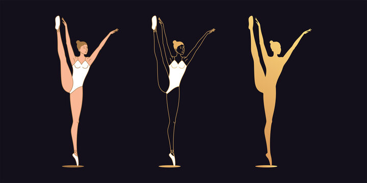 Golden ballerina woman in outline style. Set of silhouette, Ballet dancer