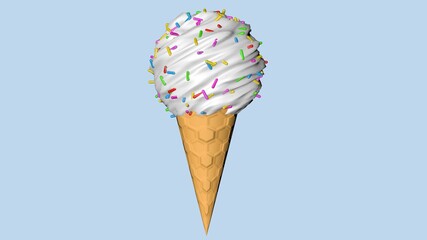 White ice cream with a waffle cone and colored confetti. 3D rendering.
