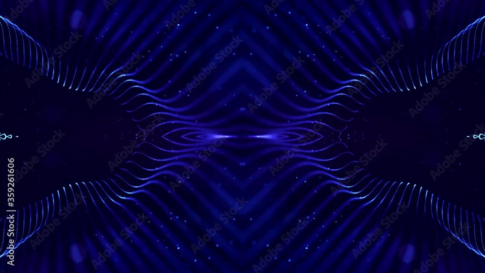 Poster 4k looped sci-fi 3d abstract background. glow blue particles form lines, symmetrical structures. for