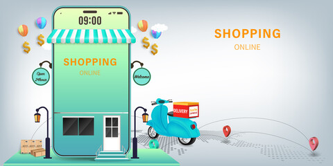 Shopping Online on Website or Mobile Application Vector Concept Marketing and Digital marketing, Online Application Delivery service concept.