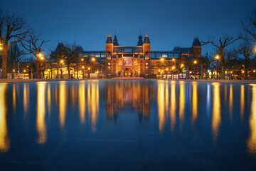 Amsterdam city museum, Netherlands. Beautiful iconic view illuminated at night