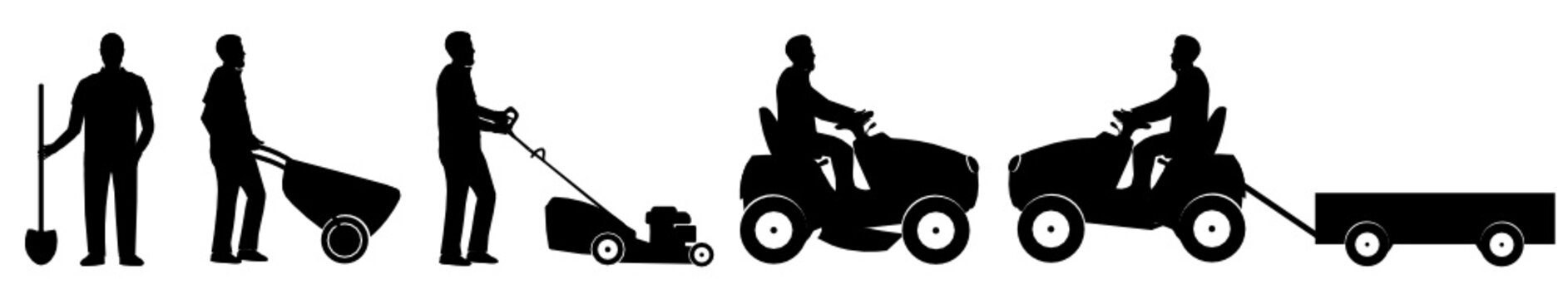 recommend clip art: Silhouettes of farmers with a shovel, a wheelbarrow, a manual lawn mower, a large lawnmower and a mini tractor with a trailer. Set of lat vector illustration  isolated on white background.