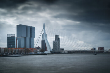 Rotterdam city skyline cityscape, Netherland (Holland). View of downtown and Erasmus bridge