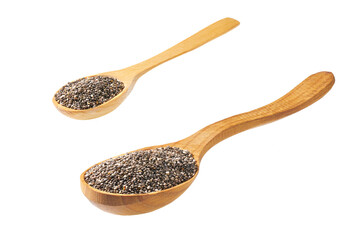 chia seeds on a wooden spoon isolated on white background .