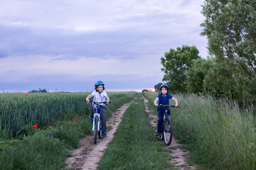 Children, riding bikes on rural path, summer evening