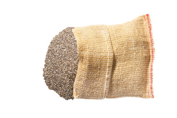 chia seeds in a sack isolated on a white background , top view.