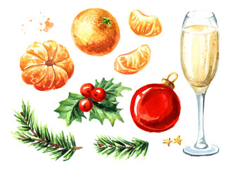 Juicy mandarines or tangerines and fir branch, red ball, glass of champagne, New Year  and Christmas set. Hand drawn watercolor illustration, isolated on white background