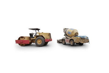 Steamroller and cement truck old isolated on white background