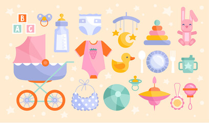 Set of baby goods icons in muted pastel colors with stroller, toys, clothing, ABC and a bottle of formula, colored vector illustration