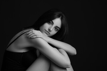 Fototapeta premium portrait of fashion model beautiful girl with freckles in studio, close up, beautiful girl young woman