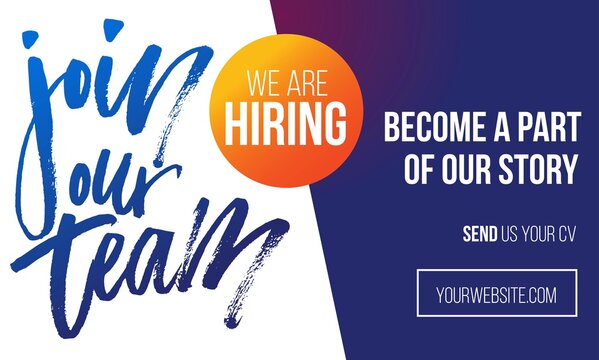 Join our team recruitment design poster. Modern brush lettering with colorful background. We are hiring banner or poster template. Trendy vector illustration.