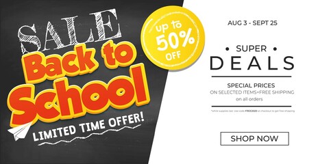 Promotional banner back to school with chalkboard and promotional offers. Chalkboard background with sale text. Vector illustration.Back to school sale promo banner template vector illustration.