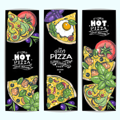 Italian pizza banner collection. Colored illustration. Italian food menu design template. Vintage hand drawn vector illustration. Pizza label for menu.