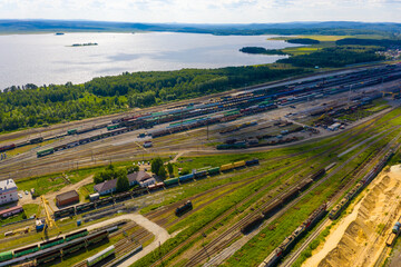 huge logistics station for making up trains, a view from a drone perspective. Transport hub in city of Yekaterinburg, the view from drone.