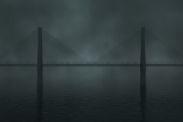 The suspension bridge over the lake at night, 3d rendering.