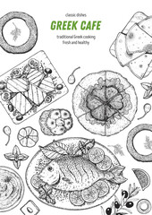 Greek cuisine top view frame. A set of greek dishes with halloumi, taramosalata, pita, spanakopita, gemista . Food menu design template. Vintage hand drawn sketch vector illustration. Engraved image