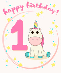 Greeting card with cute magical unicorn