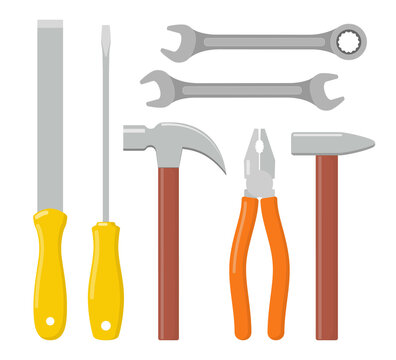 Collection of working tools. Repair and construction tools icon set. Hammer, pliers, file, screwdriver, wrench. Vector flat illustration.