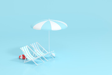 Sunshade, beach chair with blue background, 3d rendering.