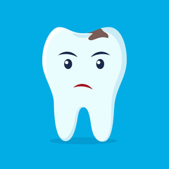 Tooth with caries icon. Unhappy cute tooth character. Caries tooth. Dental personage vector illustration. Illustration for children dentistry. Oral hygiene, teeth cleaning.