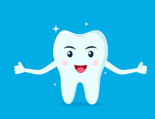 Healthy happy tooth character smiling and showing OK. Vector illustration in flat style.