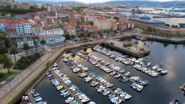 Aerial view of Ferrol Marina. La Coruna. Galicia, Spain. Drone footage