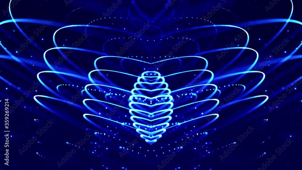 Poster glow blue particles form lines, symmetrical structures. 4k looped sci-fi 3d abstract background. for