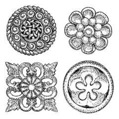 Set of Baroque ancient vintage style floral circular and rhombus or square design elements. Marble rosettes drawing for fashionable pattern in black white for textile, scarves, backgrounds. Vector.