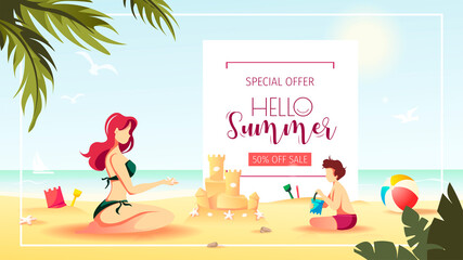 Promo banner or flyer design for summer sale. Woman and boy building a sand castle on the seashore, tropical leaves, beachball. Vector illustration with special discount offer.