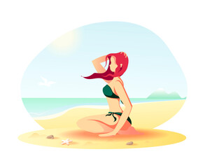 Woman sitting on the seashore sand. Isolated vector Illustration for Beach Holidays, Summer vacation, Leisure, Recreation.
