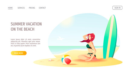 Website design with woman sitting on the seashore sand. Vector Illustration for Beach Holidays, Summer vacation, Leisure, Recreation.