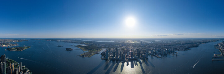 Aerial panorama of Jersey City skyline.