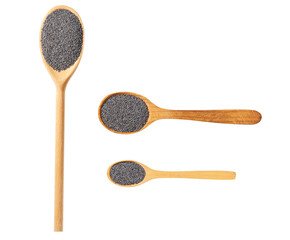 poppy seeds on a wooden spoon isolated on white background , top view.
