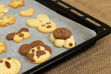 homemade cookies in the shape of dog, heart, elephant, butterfly, snowflake, slug, turtle, heart, rabbit, chamomile and owl in the tray. animal shaped cookies made for children.