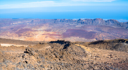 Beautiful view of Mount Teide largest crater from the upper Teide Cable Car station viewpoint - Santa Cruz de Tenerife, Canary Islands, Spain