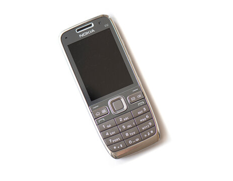 BERLIN - JUN 21: NOKIA E52, old used plastic mobile phone isolated on white background in Berlin on June 21. 2020 in Germany