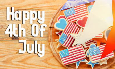 Happy 4th Of July - home baking cookies icing like american flag. patriotic background for US national holidays