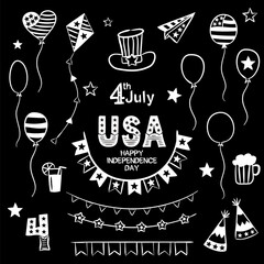 Set of chalk drawn elements for Independence Day of the United States of America. Symbols of the USA in national colors. A set of items for July 4th. Vector illustration for your design.