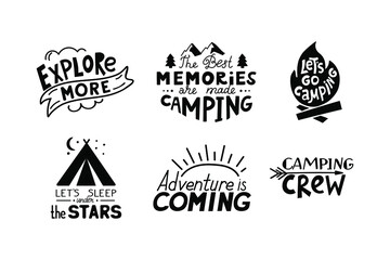 Set of Camping quotes. Summer Lettering text. Let's go camping, explore more, adventure is coming. Vector print. - obrazy, fototapety, plakaty